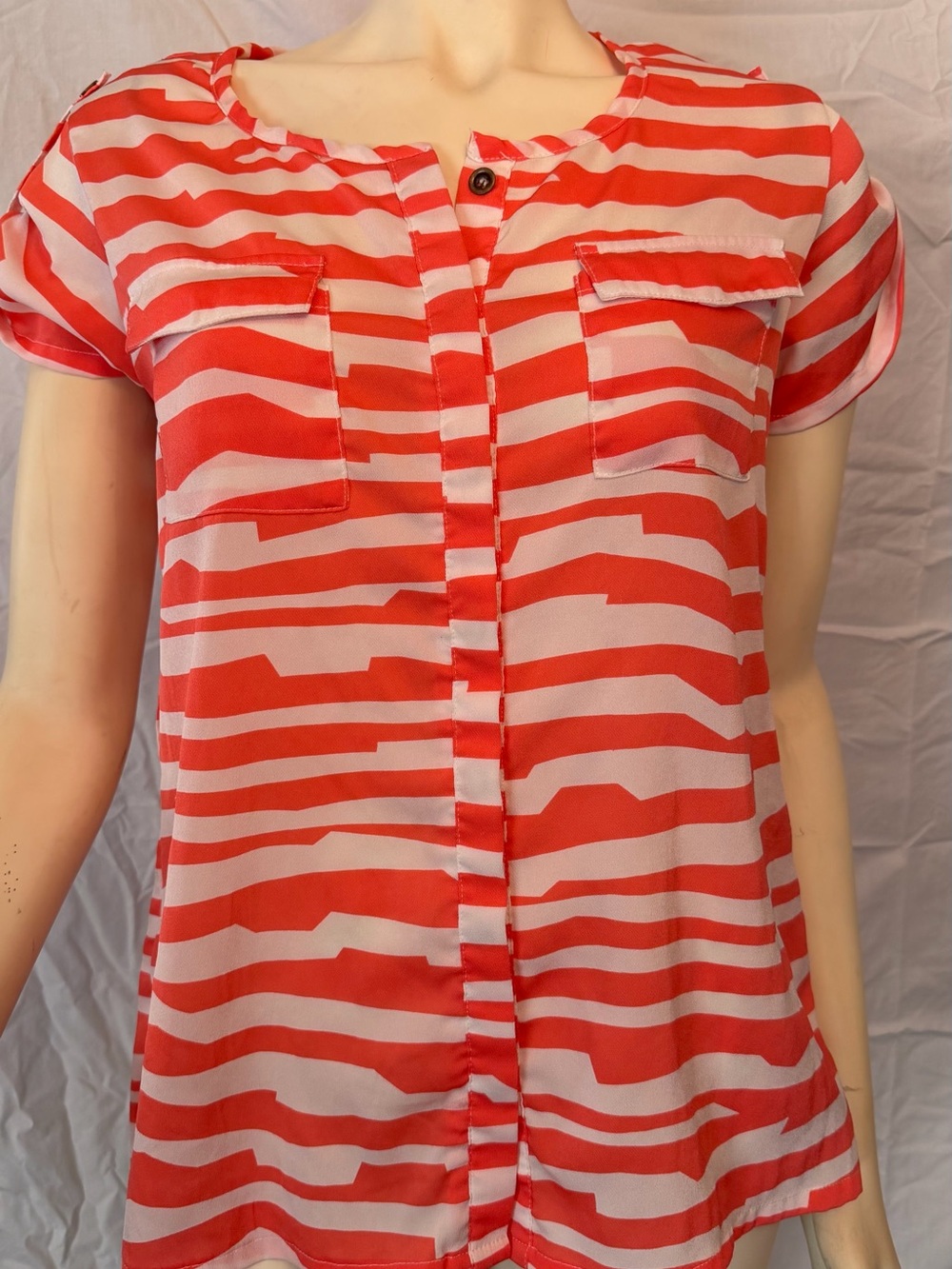 Forever 21 Red and Cream Striped Button-Front Blouse